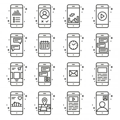 Smart phone functions and apps vector icon set in outline style. Smart phone functions and apps vector icon set in outline style. Mobile collection sign line illustration.